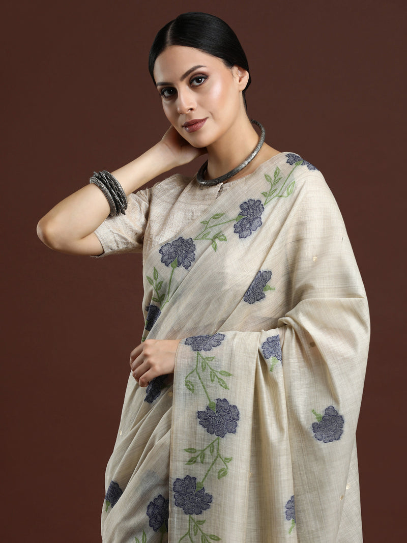 Woven Design Floral Muga Cotton Saree with Blue Motifs
