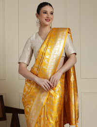 Ethnic Motif Woven Design Zari Banarasi Satin Silk Saree & Blouse Piece in Yellow