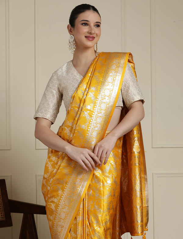 Ethnic Motif Woven Design Zari Banarasi Satin Silk Saree & Blouse Piece in Yellow