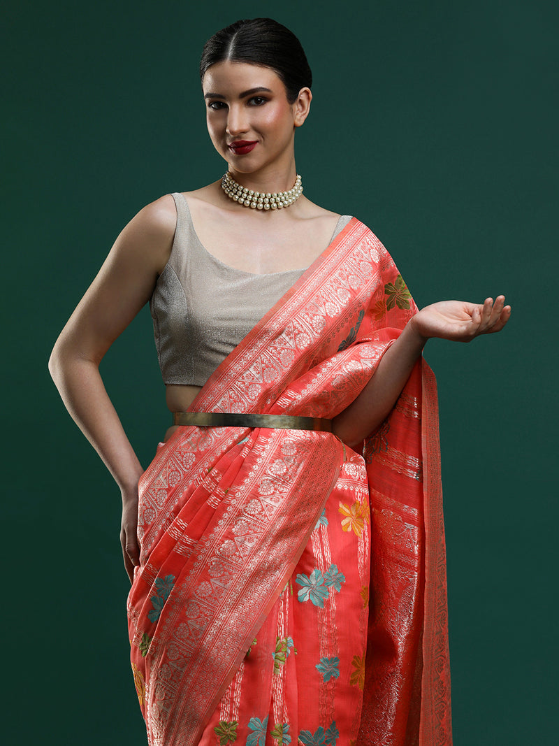 Sarha Floral Woven Design Zari Chanderi Saree in Pink