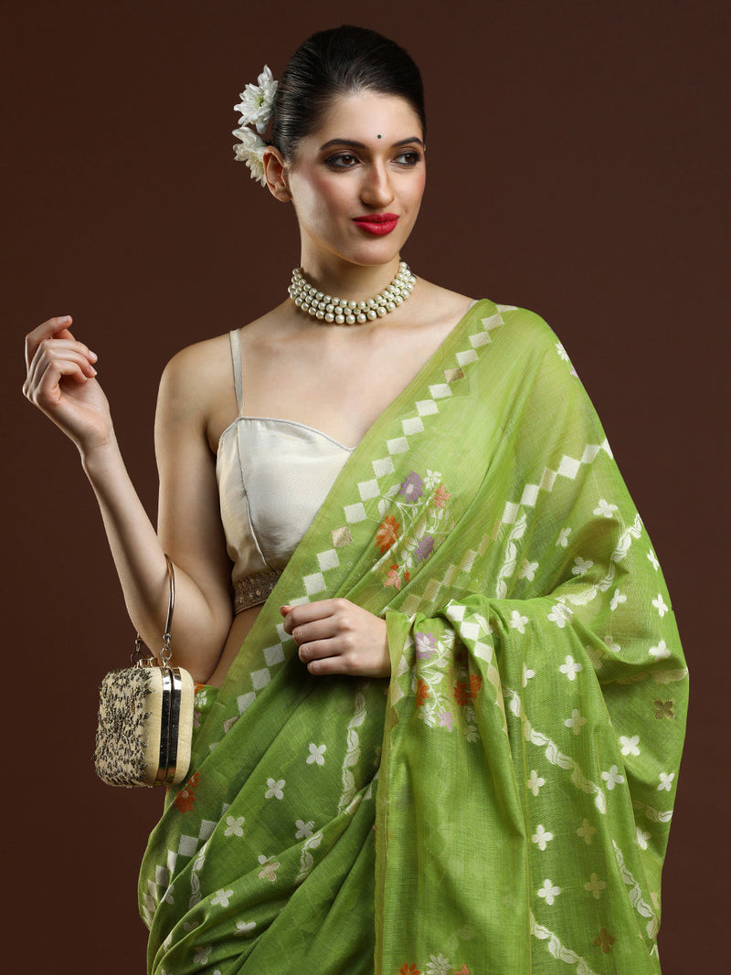 Sarha Women Ethnic Motifs Woven Design Banarasi Saree in Olive Green