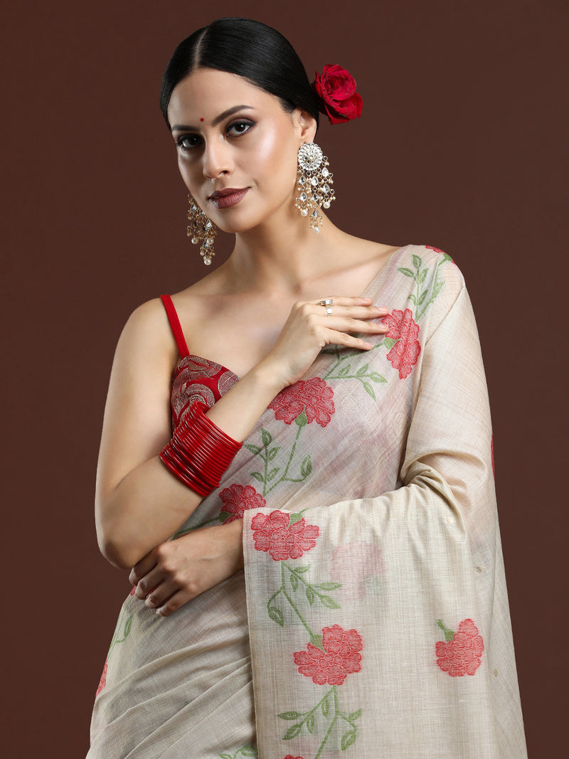 Woven Design Floral Muga Cotton Saree in Red Motifs