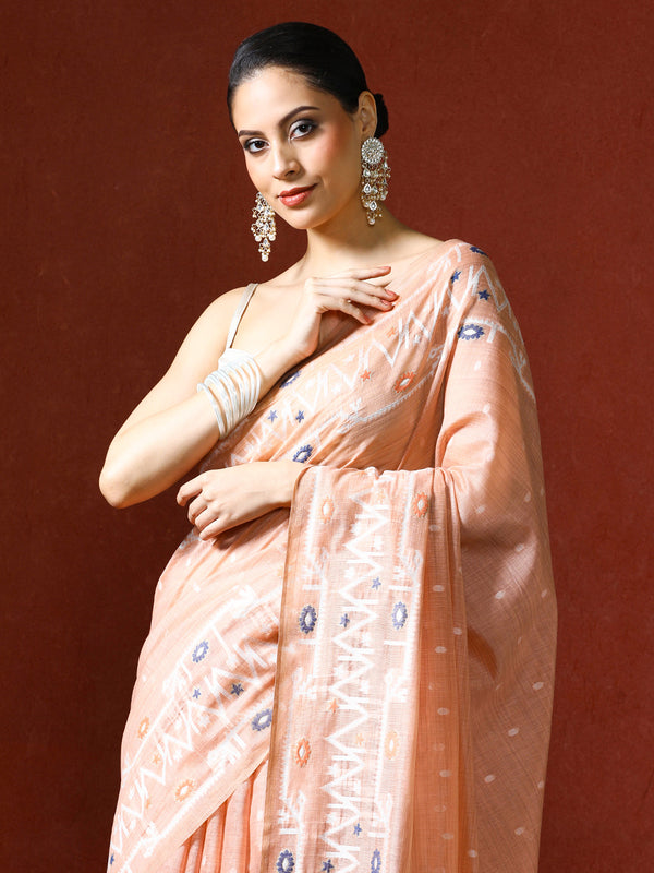 Handloom Geometric Woven Design Chanderi Saree in peach