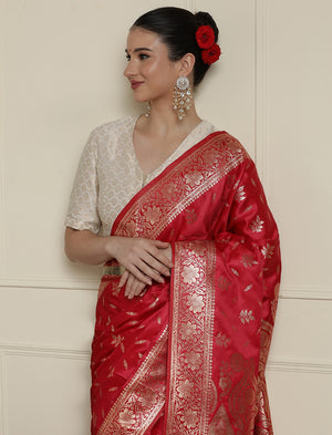 Ethnic Motif Woven Design Zari Banarasi Saree with Blouse Piece in Pink