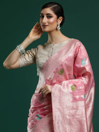 Woven Design Floral Chanderi Cotton Saree in Pink