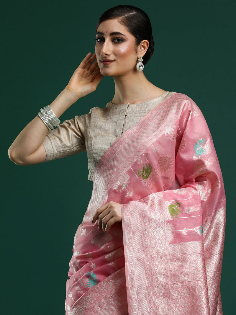 Woven Design Floral Chanderi Cotton Saree in Pink