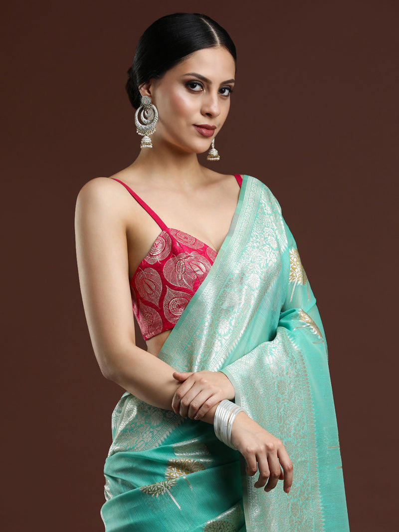 Woven Design Chanderi Cotton Saree in Sea Green