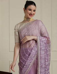 Floral Embroidered Beads And Stones Saree With Blouse Piece in Purple