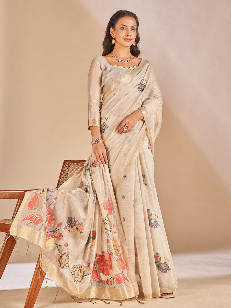 Leela Cotton In Beige With Grey Motifs