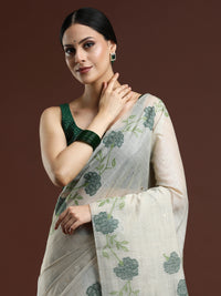 Woven Design Floral Muga Cotton Saree in Green Motifs