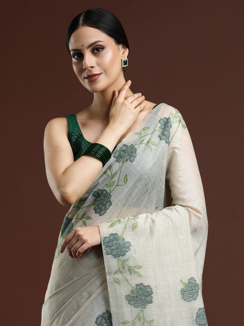Woven Design Floral Muga Cotton Saree in Green Motifs