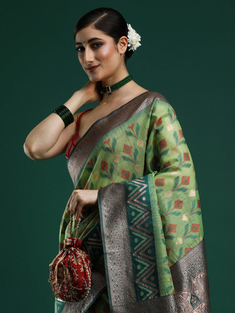 Woven Design Chanderi Cotton Saree in Green