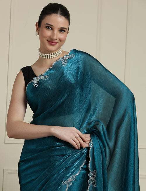 Embellished Beads and Stones Saree With Blouse in Blue