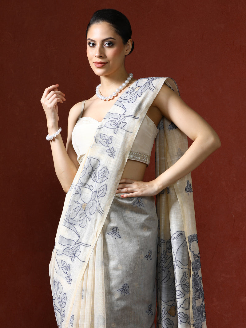 Floral Printed Zari Chanderi Saree in blue