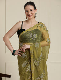 Floral Motif Embroidered Zari Wedding Saree in Green