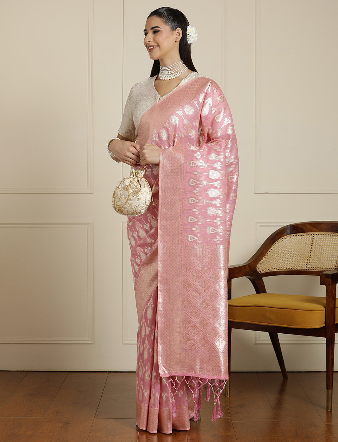 Ethnic Motifs Woven Design Muga Saree in Pink