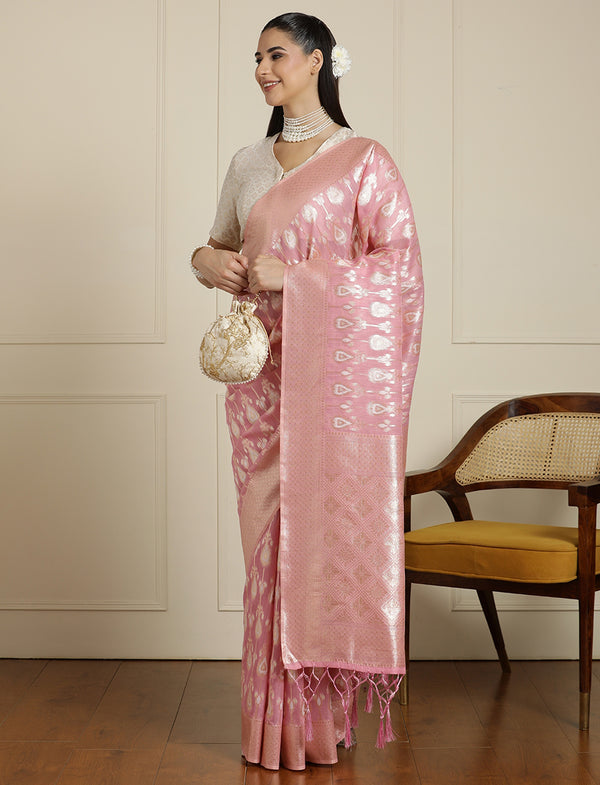 Ethnic Motifs Woven Design Muga Saree in Pink
