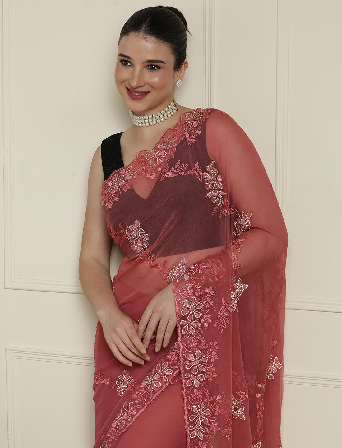Embellished Saree With Unstitched Blouse in Pink