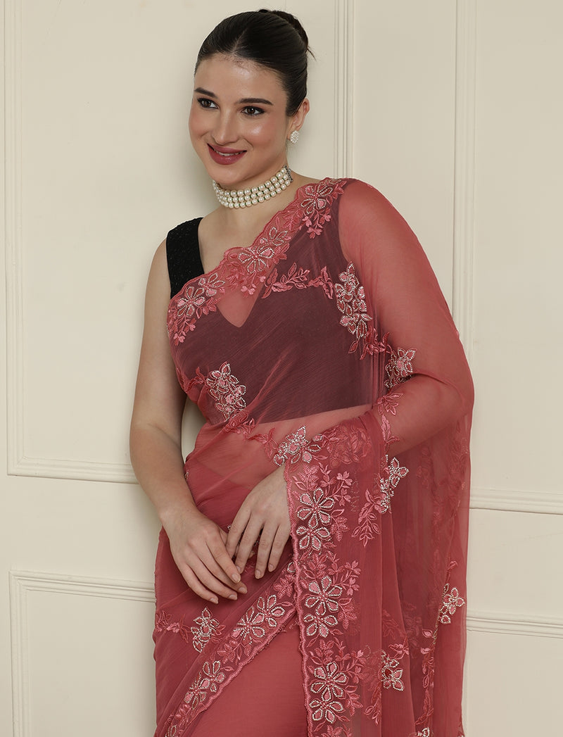 Embellished Saree With Unstitched Blouse in Pink