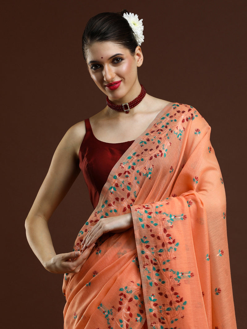 Sarha Woven Design Floral Print Zari Muga Saree in Orange
