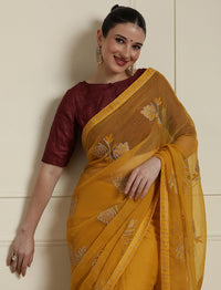 Floral Embroidered Beads and Stones Saree in Yellow