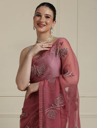 Woven Design Floral Motif Printed Saree With Blouse Piece in Pink