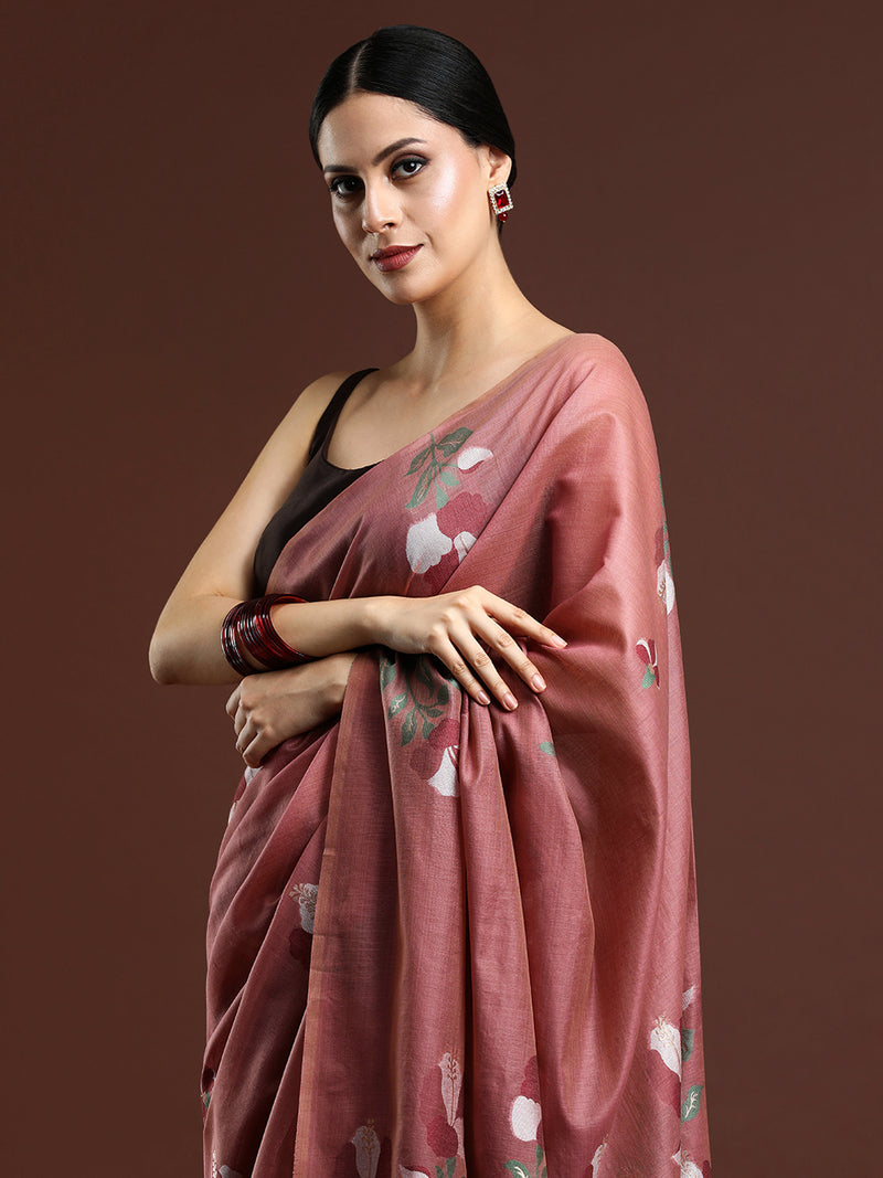 Woven Design Floral Muga Cotton Saree in Red