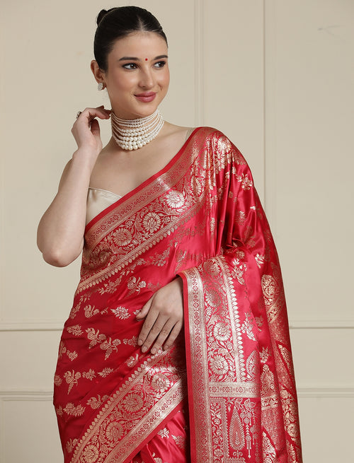 Ethnic Motif Woven Design Banarasi Saree in Pink
