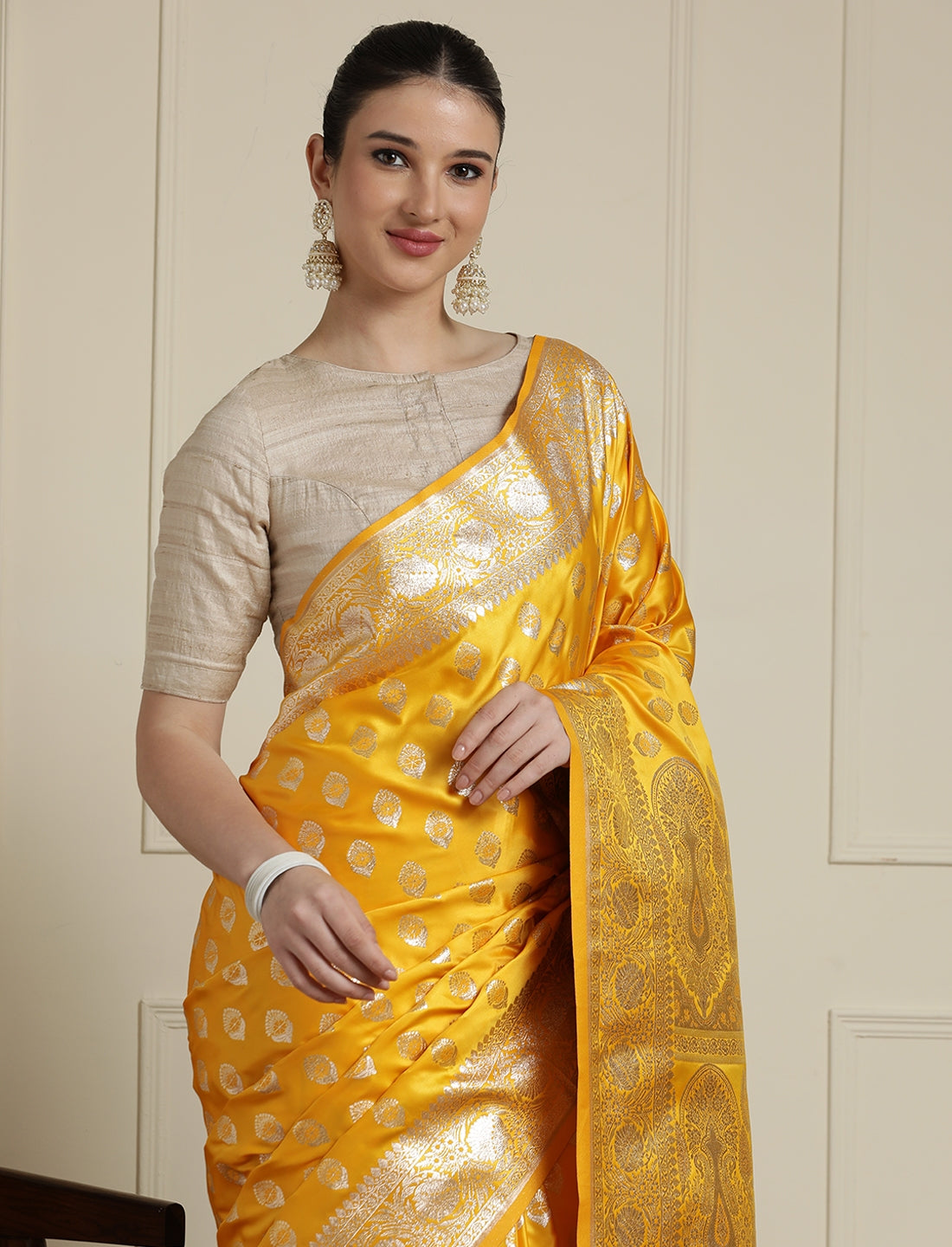 Ethnic Motifs Woven Design Zari Banarasi Saree in Yellow