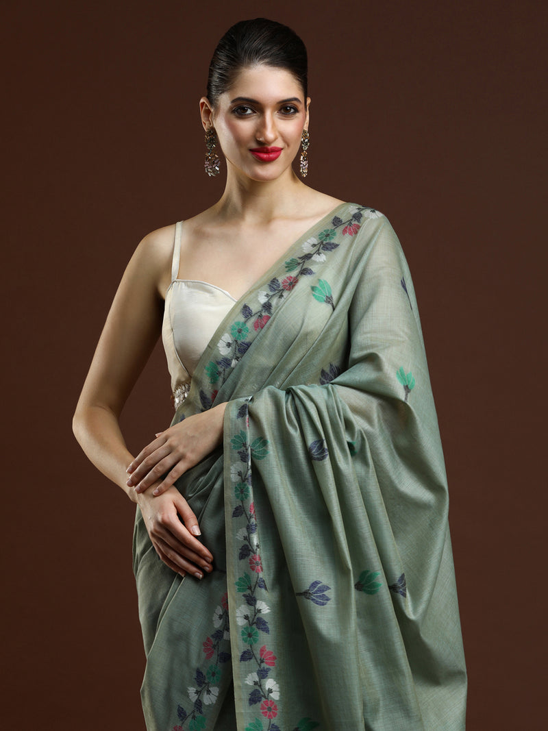 Sarha Floral Woven Design Muga Saree in Green