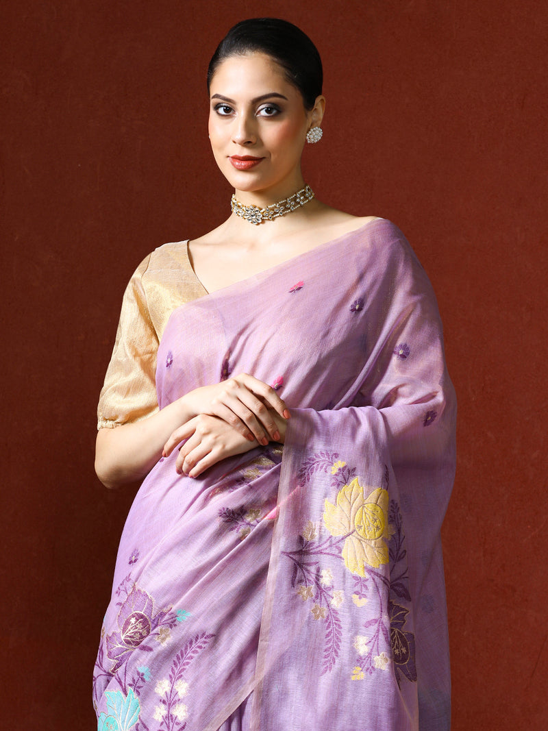 Floral Embellished Embroidered Chanderi Saree in purple