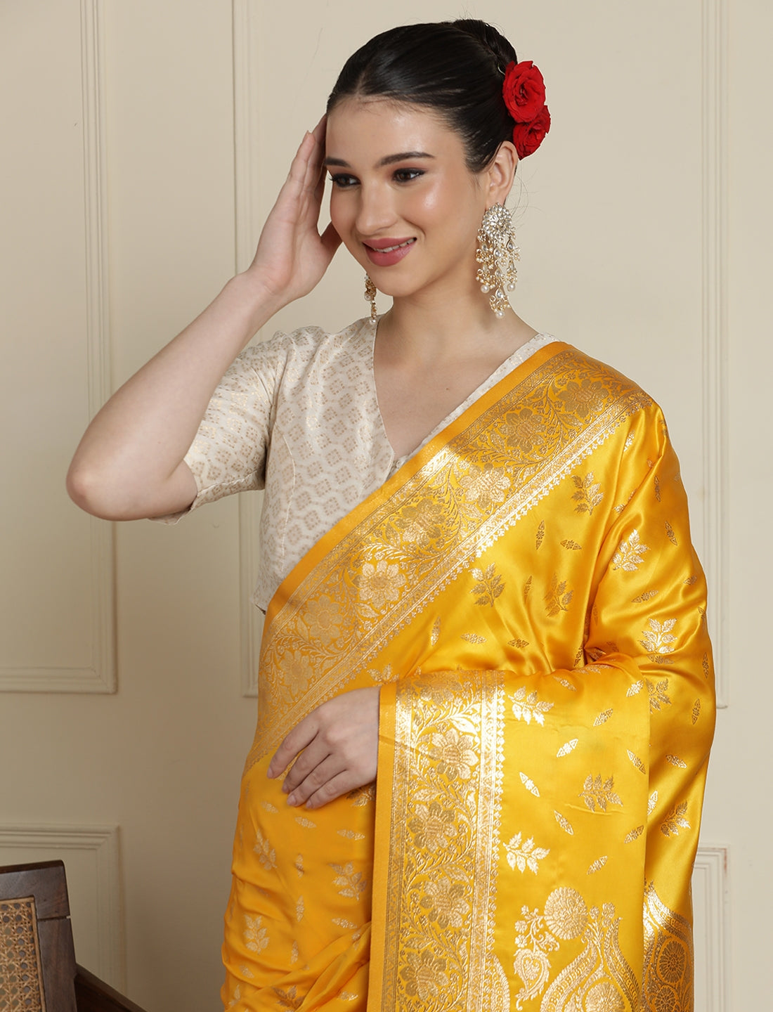 Ethnic Motif Printed Banarasi Saree With Blouse Piece in Yellow