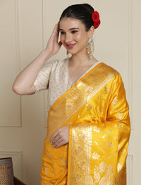 Ethnic Motif Printed Banarasi Saree With Blouse Piece in Yellow