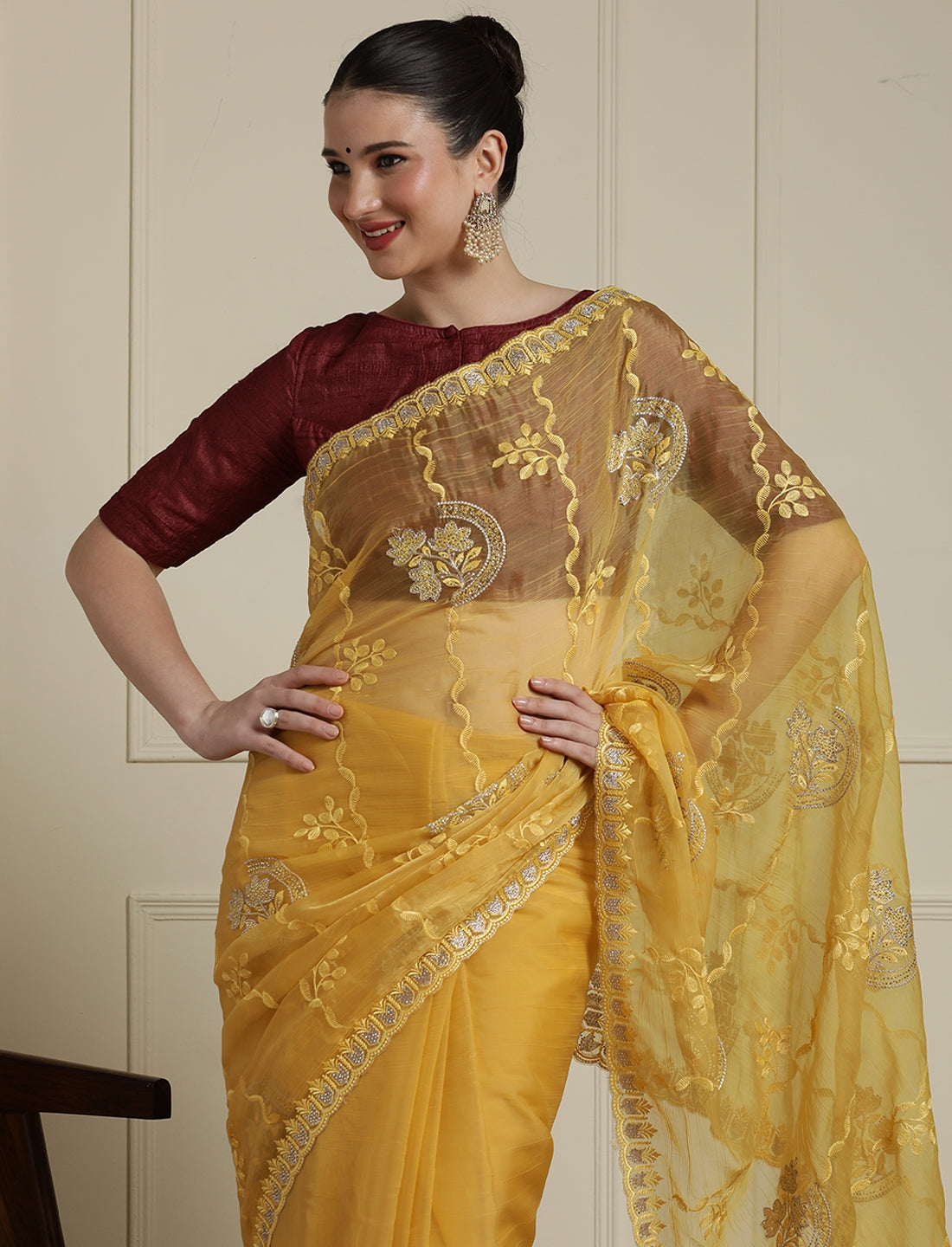 Floral Motifs Embroidered Saree with Unstitched Blouse in Yellow