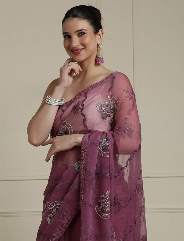 Floral Embellished Saree With Blouse Piece in Purple