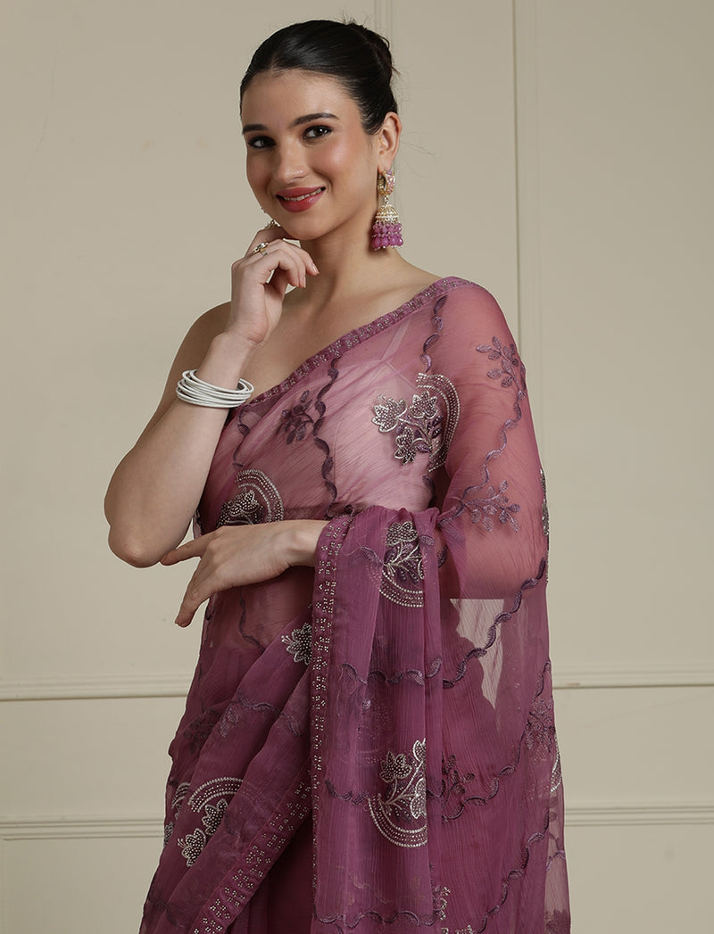 Floral Embellished Saree With Blouse Piece in Purple