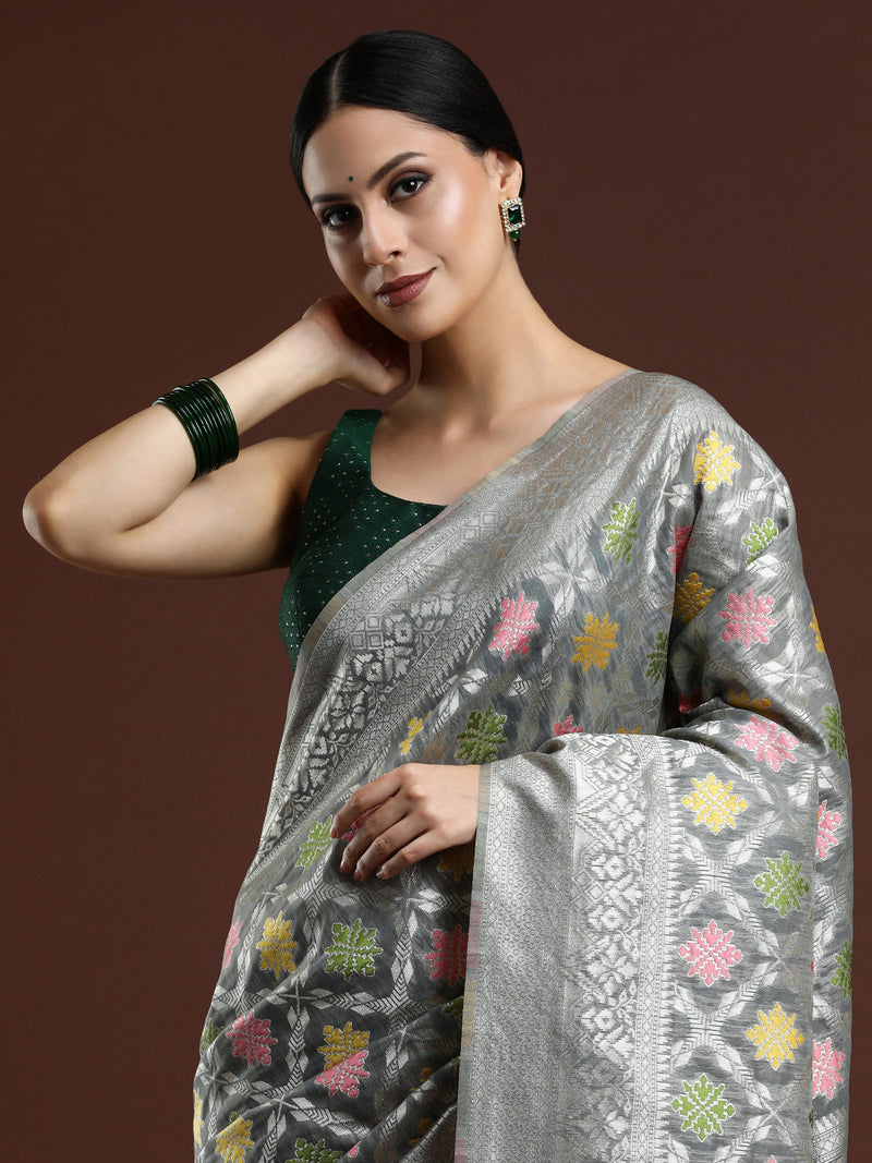 Woven Design Chanderi Cotton Saree inGrey