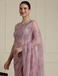 Floral Motifs Embroidered Saree with Unstitched Blouse in Purple