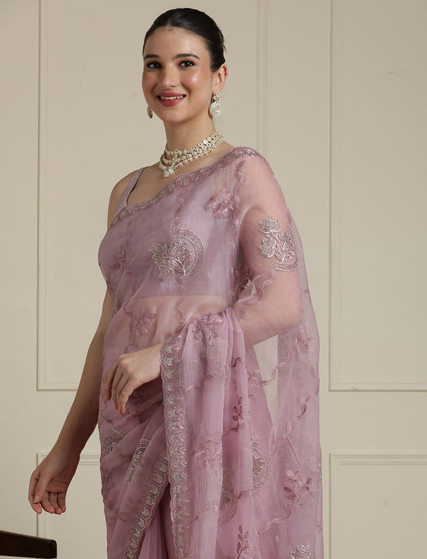 Floral Motifs Embroidered Saree with Unstitched Blouse in Purple