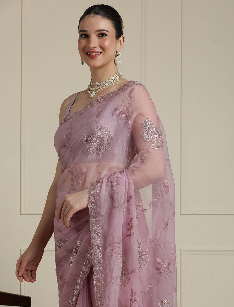 Floral Motifs Embroidered Saree with Unstitched Blouse in Purple