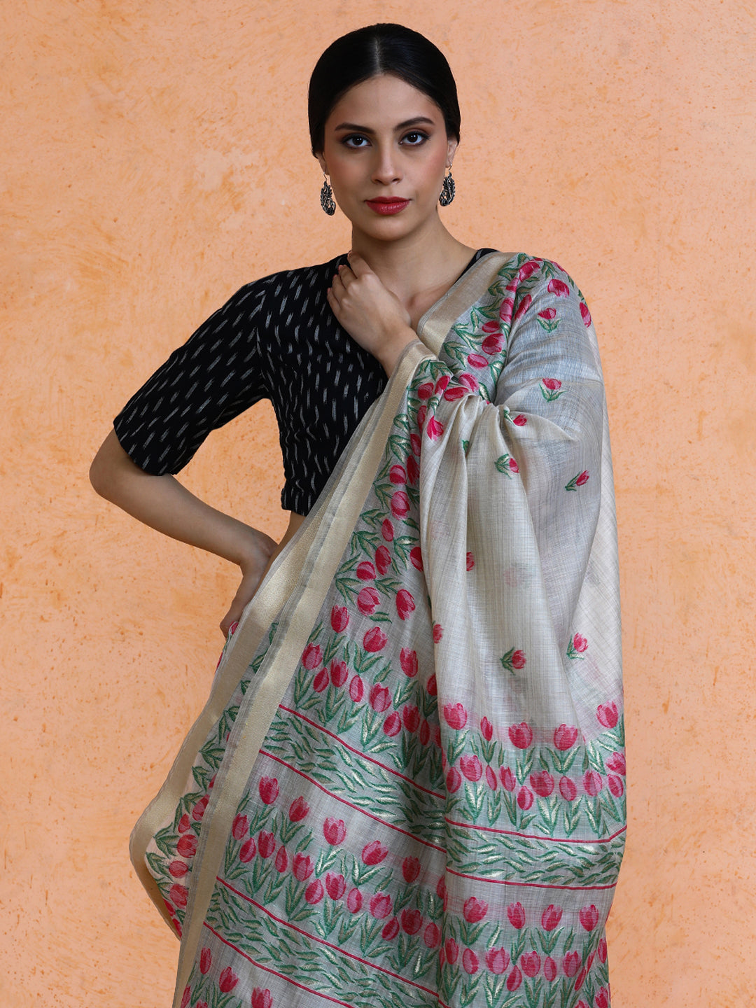 Aranya Cotton in Beige with Hot Pink Motifs