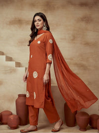 Embroidered Cotton Blend V-Neck Kurta & Trousers With Dupatta