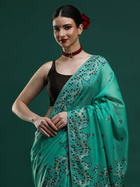 Sarha Ethnic Motifs Embroidered Muga Saree in Green