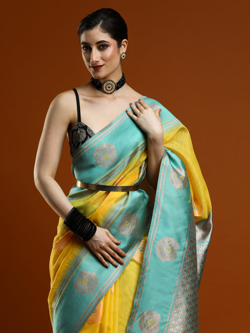 Sarha Ethnic Motifs Printed Zari Muga Saree in Yellow