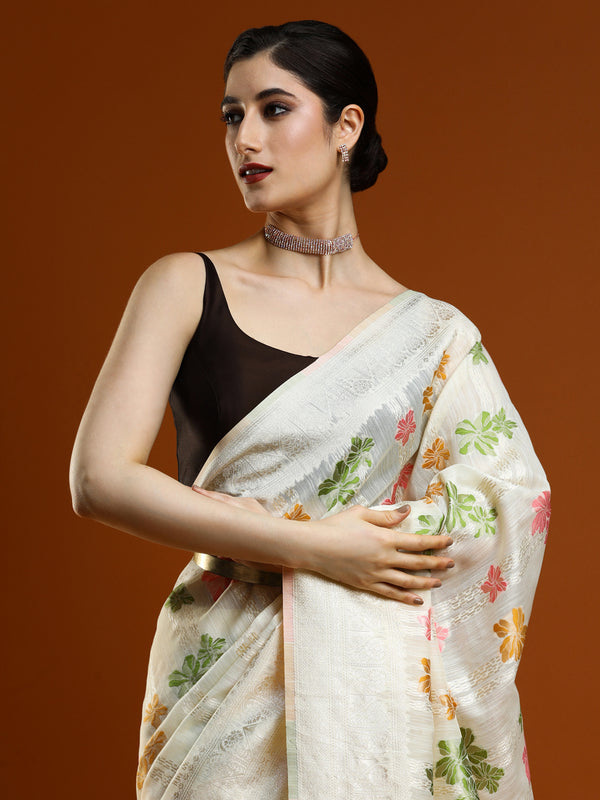 Sarha Woven Design Zari Chanderi Saree in Cream