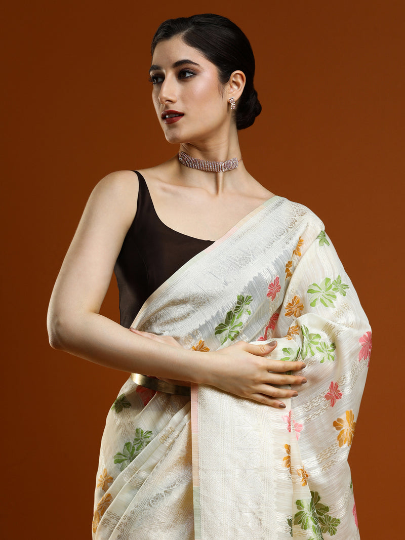 Sarha Woven Design Zari Chanderi Saree in Cream