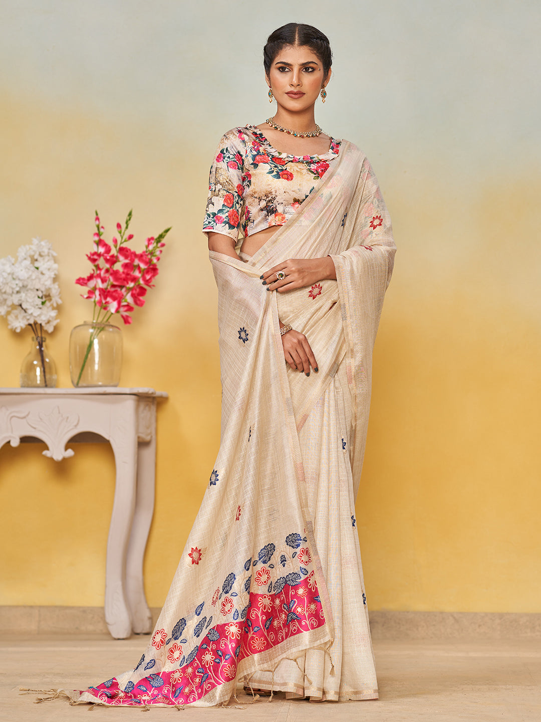 Sundari Cotton in Beige with Pink Motifs