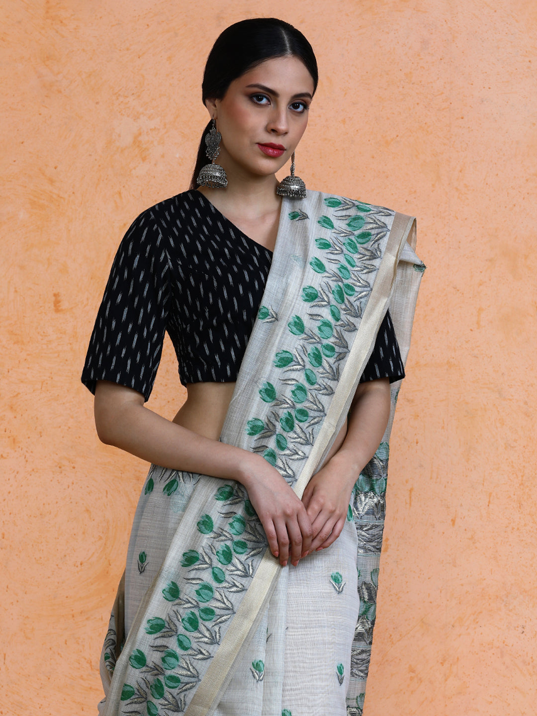 Aranya Cotton in Beige with Green Motifs