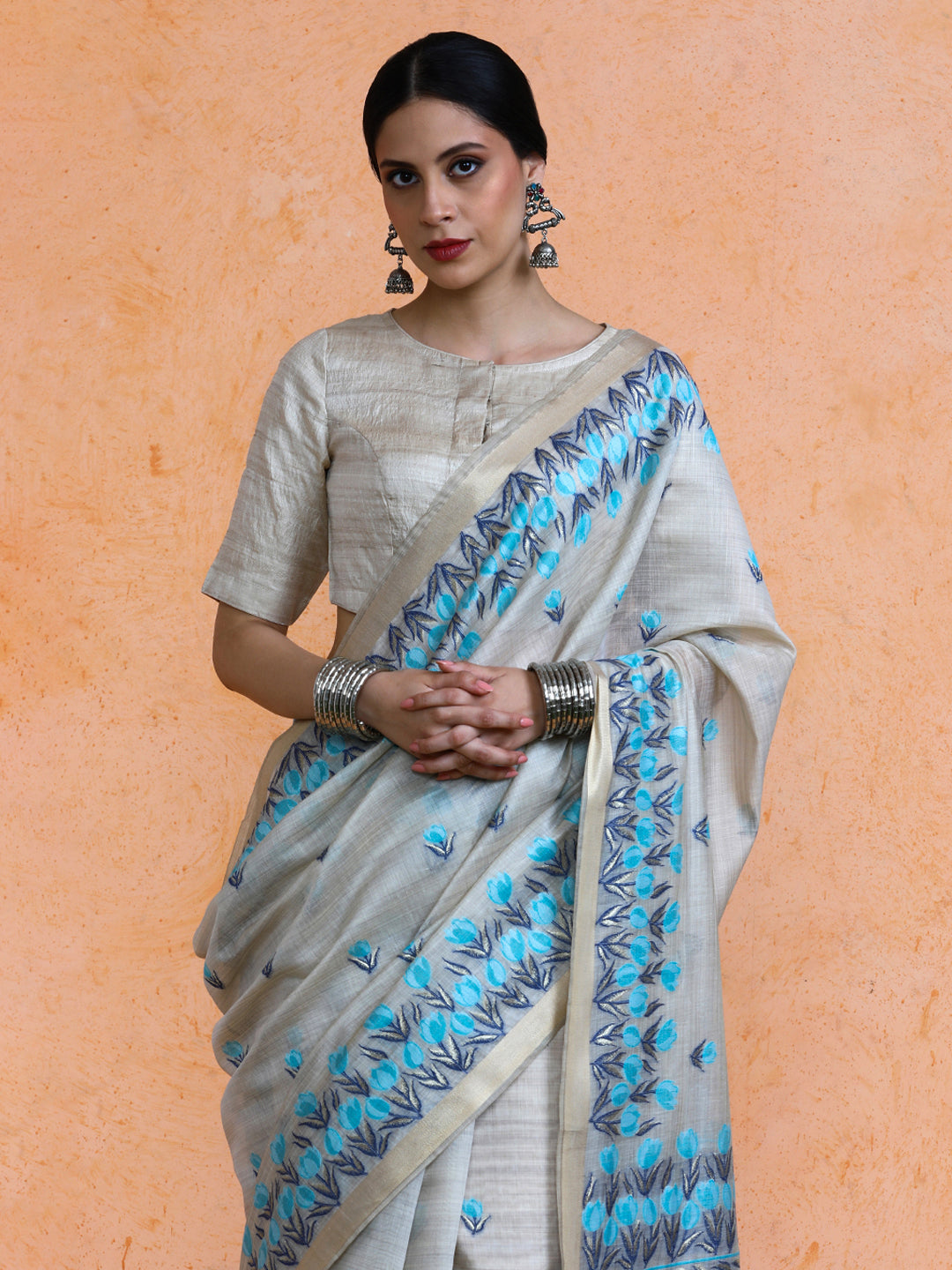 Aranya Cotton in Beige with Blue Motifs