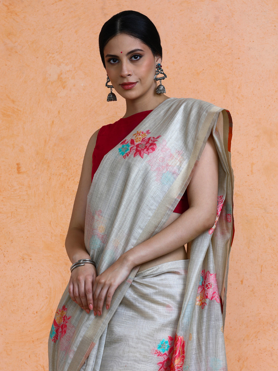 Leela Cotton in Beige with Coral Pink Motifs